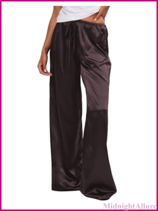 Pants - Silk Satin Wide Leg Pants Flowy Tie Front Elastic Waist